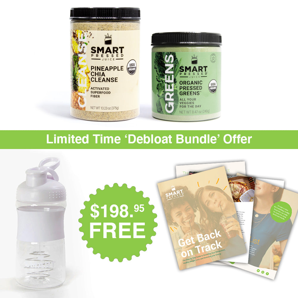 1 jar of 375 grams Pineapple Chia Cleanse beside 1 jar of 240 grams of Organic Pressed Greens. In the middle of image is a text that says, " Limited time 'Debloat Bundle' Offer". Bottom part is a white water jug, a text that says " $198.95 free" and few magazines side by side against a white background.