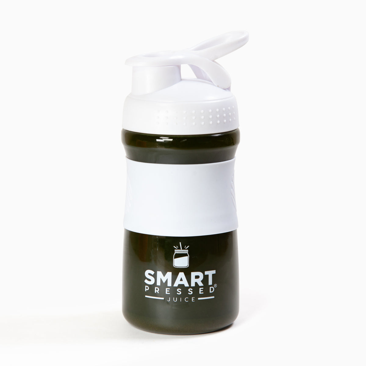 1  Smart Pressed Juice white water jug filled with green smoothie inside against a white background.